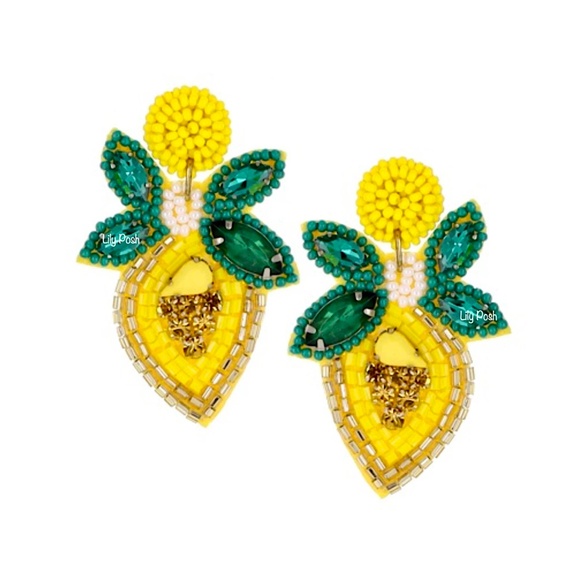 Beaded Lemon Earring, Seed Bead Fruit Earring, Lemon, Lily Posh - Picture 5 of 6